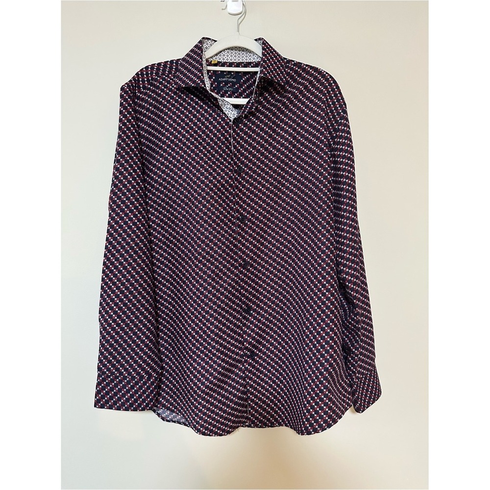Dark Academia Preppy Azaro Uomo Dress Shirt S Navy Burgundy Geometric Slim Fit